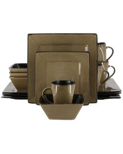 Gibson Elite Kiesling 16 Piece Hard Square Stoneware Dinnerware Set in Taupe and Black