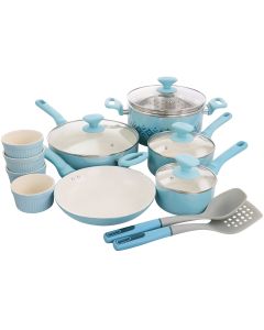 Spice by Tia Mowry Savory Saffron 16 Piece Ceramic Nonstick Cookware Set in Blue