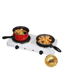 MegaChef Electric Easily Portable Ultra Lightweight Dual Burner Cooktop Buffet Range in Sleek White